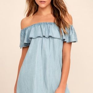 Lulu’s Standout Style Light Blue Chambray Off-the-Shoulder Dress